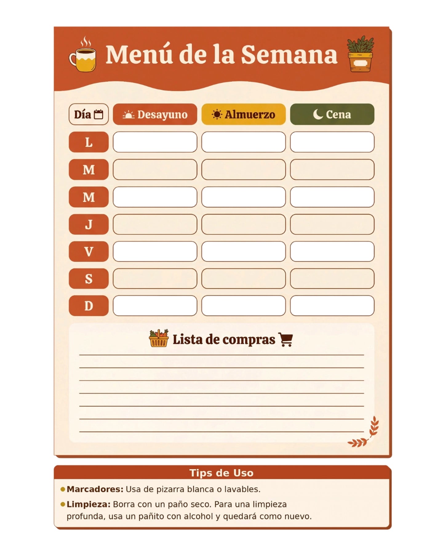 Menú de la Semana – Planificador de Cocina Reutilizable